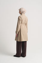 Cotton Blend Stand Collar Trench Coat - Beige