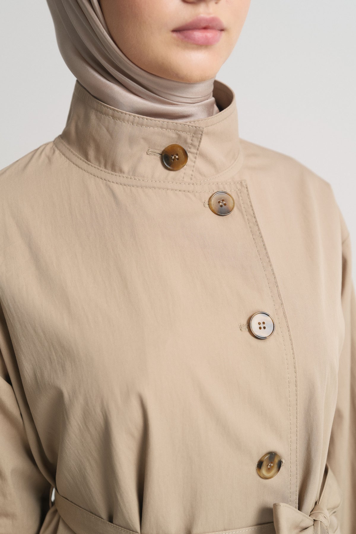Cotton Blend Stand Collar Trench Coat - Beige
