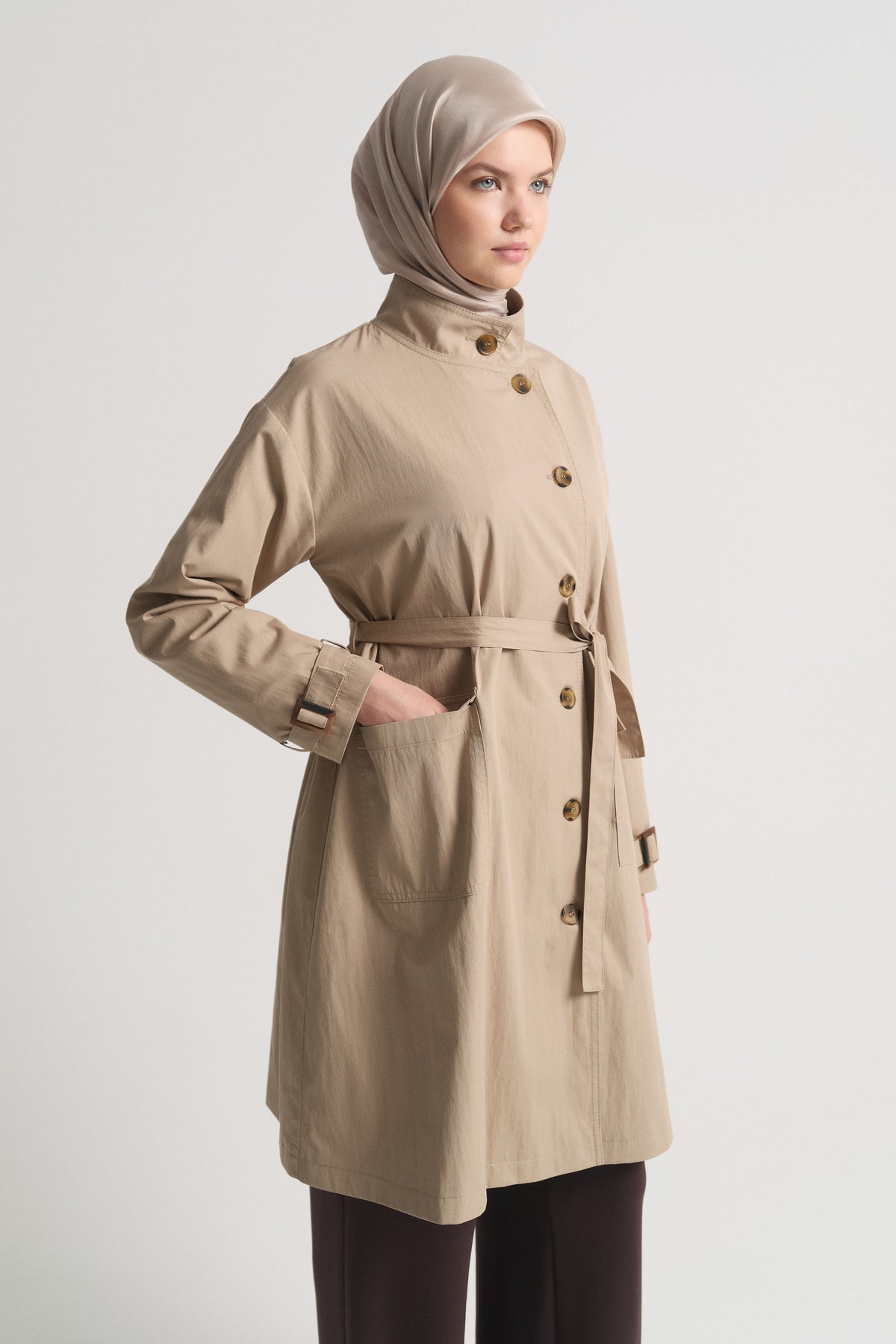 Cotton Blend Stand Collar Trench Coat - Beige