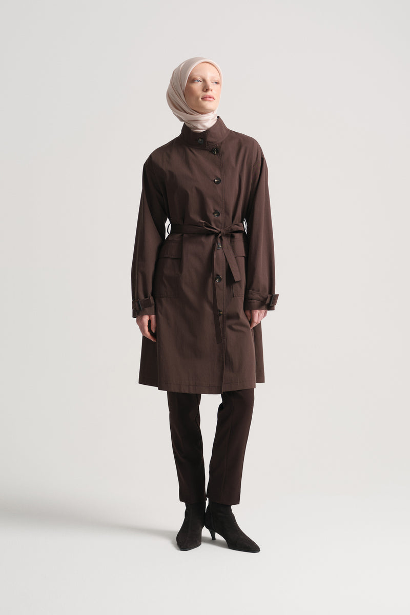 Cotton Blend Stand Collar Trench Coat - Brown