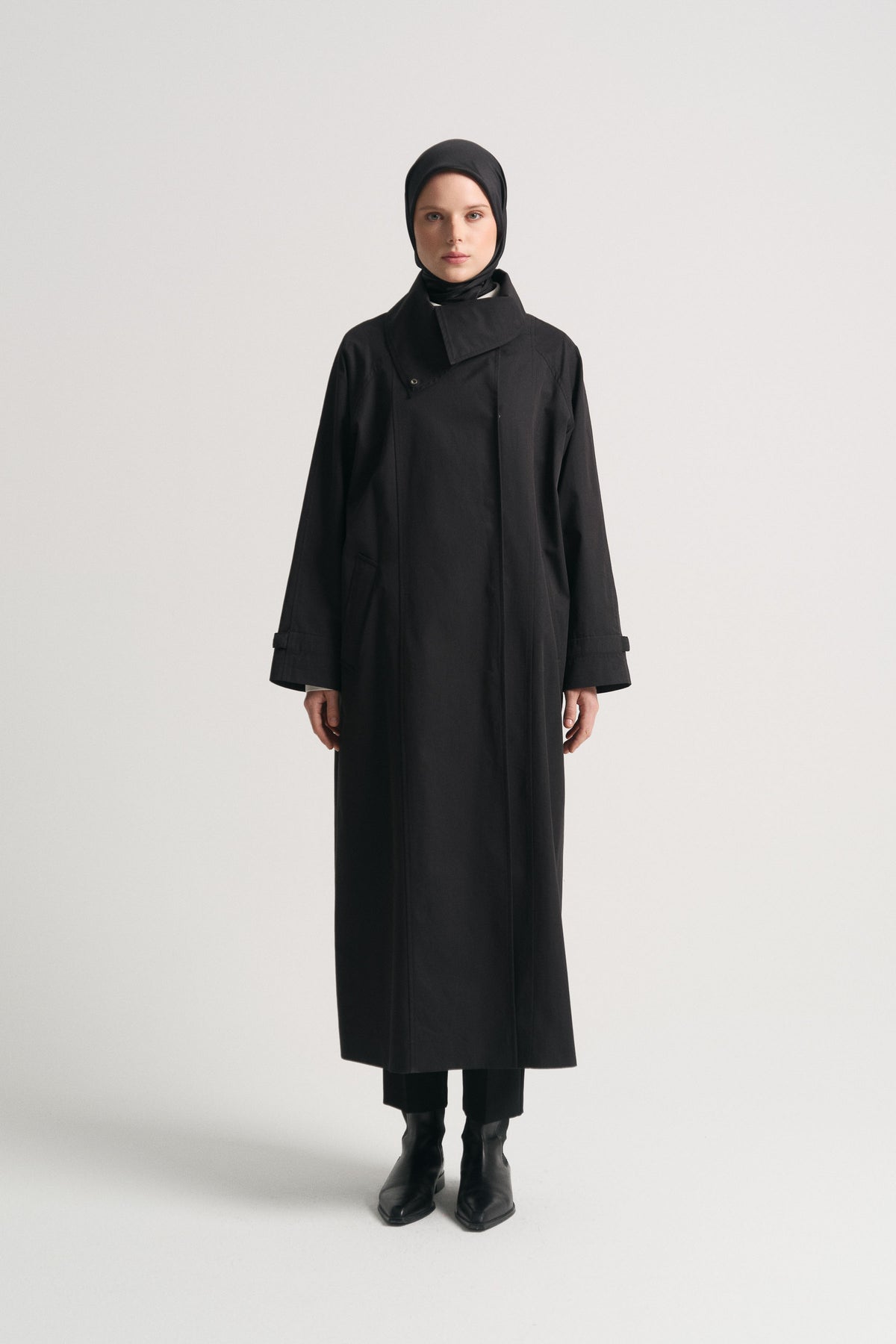 Cotton Blend Windbreaker Trench - Black