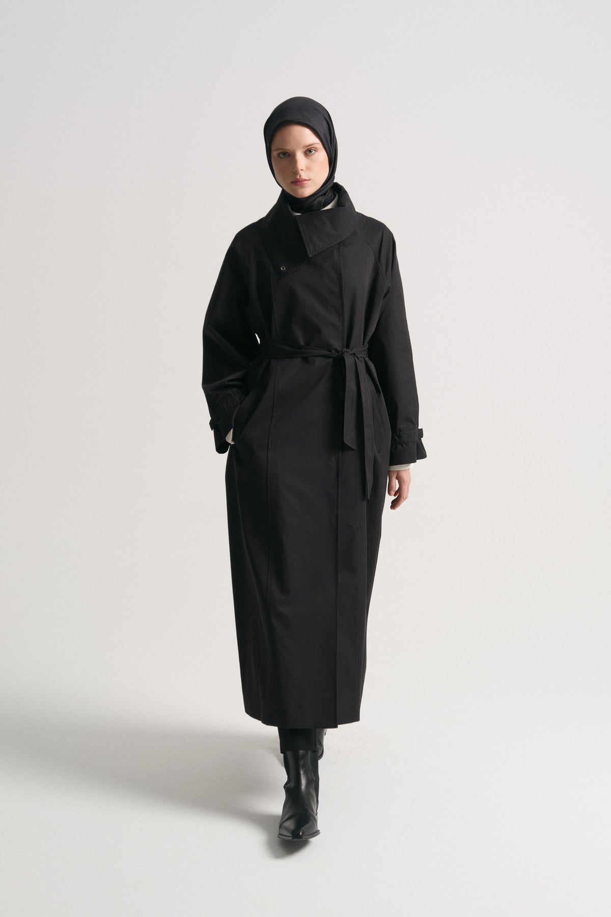 Cotton Blend Windbreaker Trench - Black