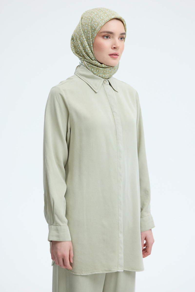 %100 Lyocell Gömlek Yaka Tunik - Haki TUĞBA