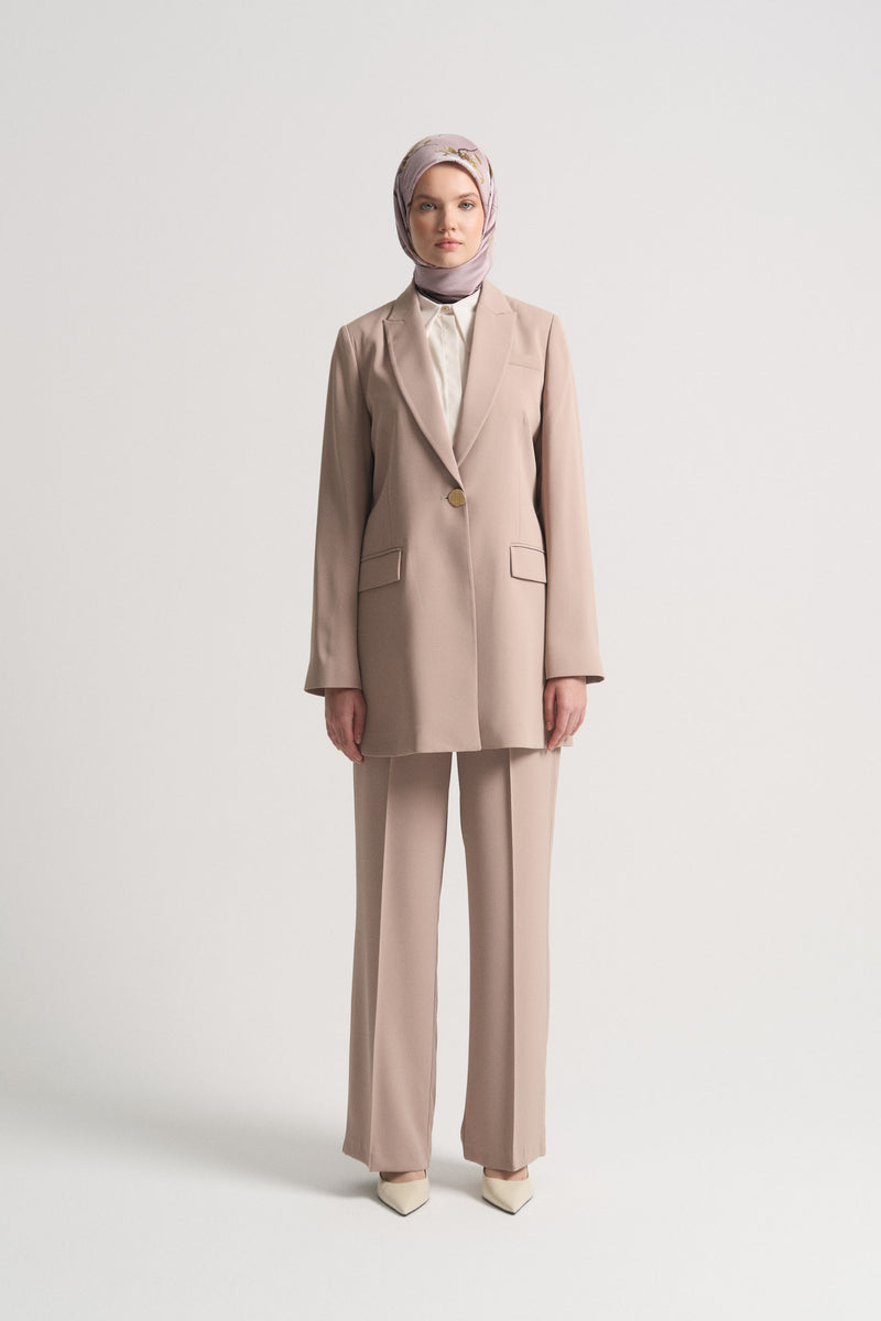 Single-Breasted Long Jacket - Beige