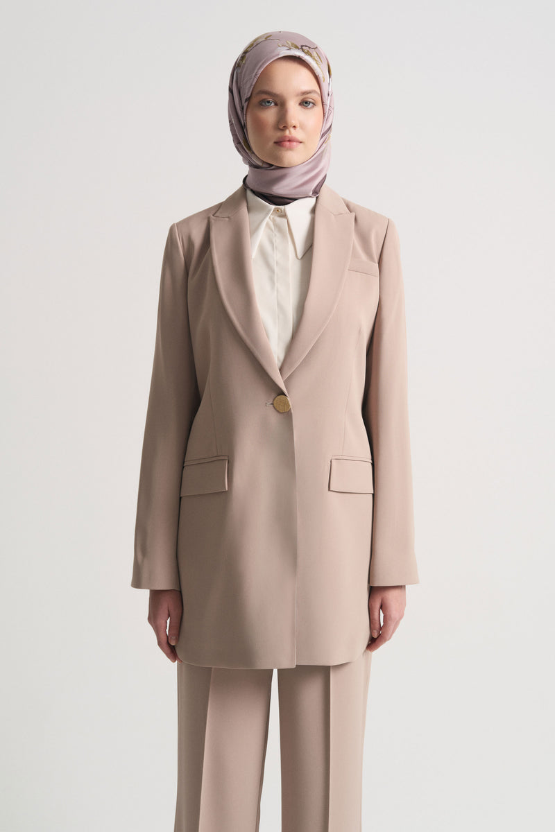 Single-Breasted Long Jacket - Beige