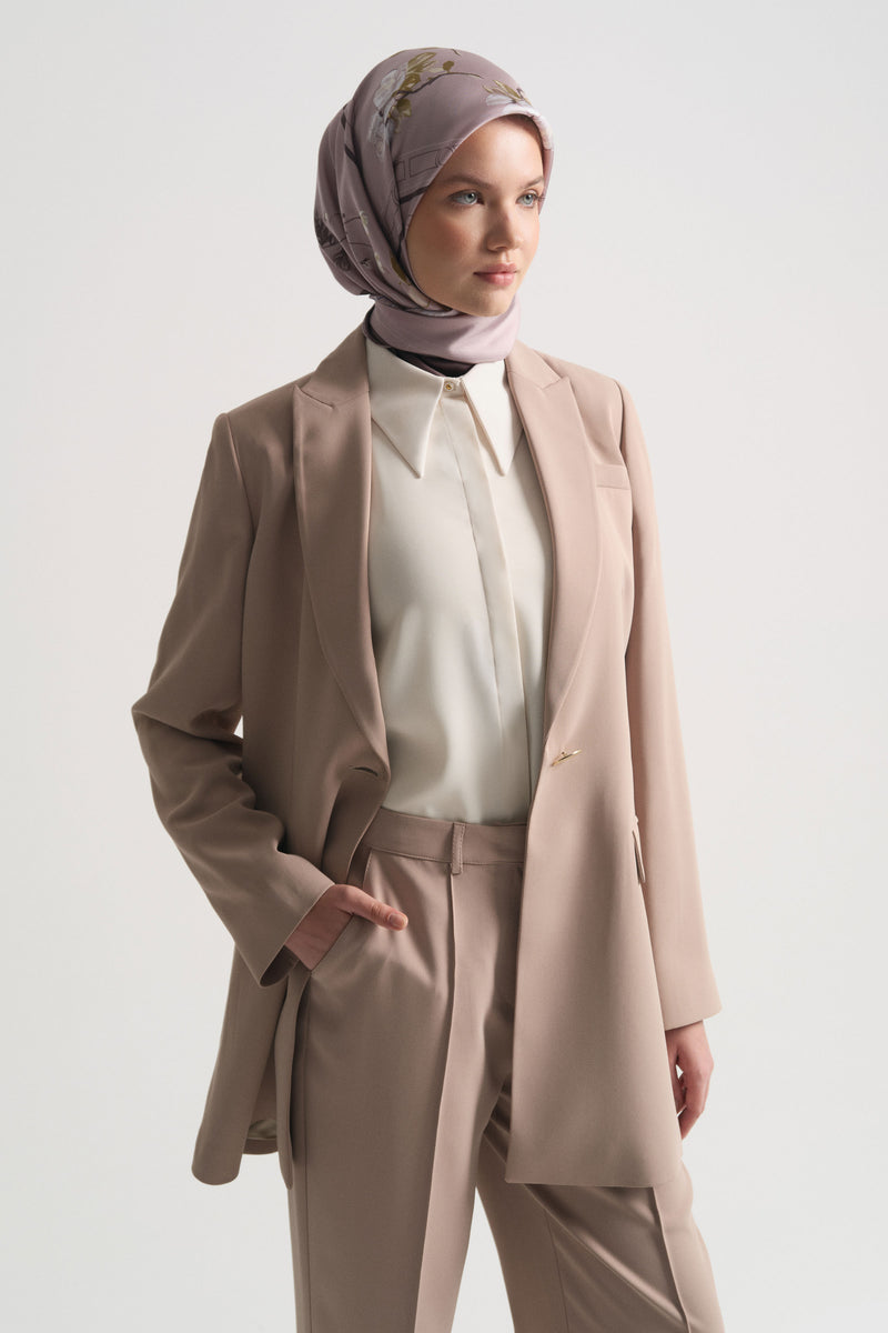 Single-Breasted Long Jacket - Beige