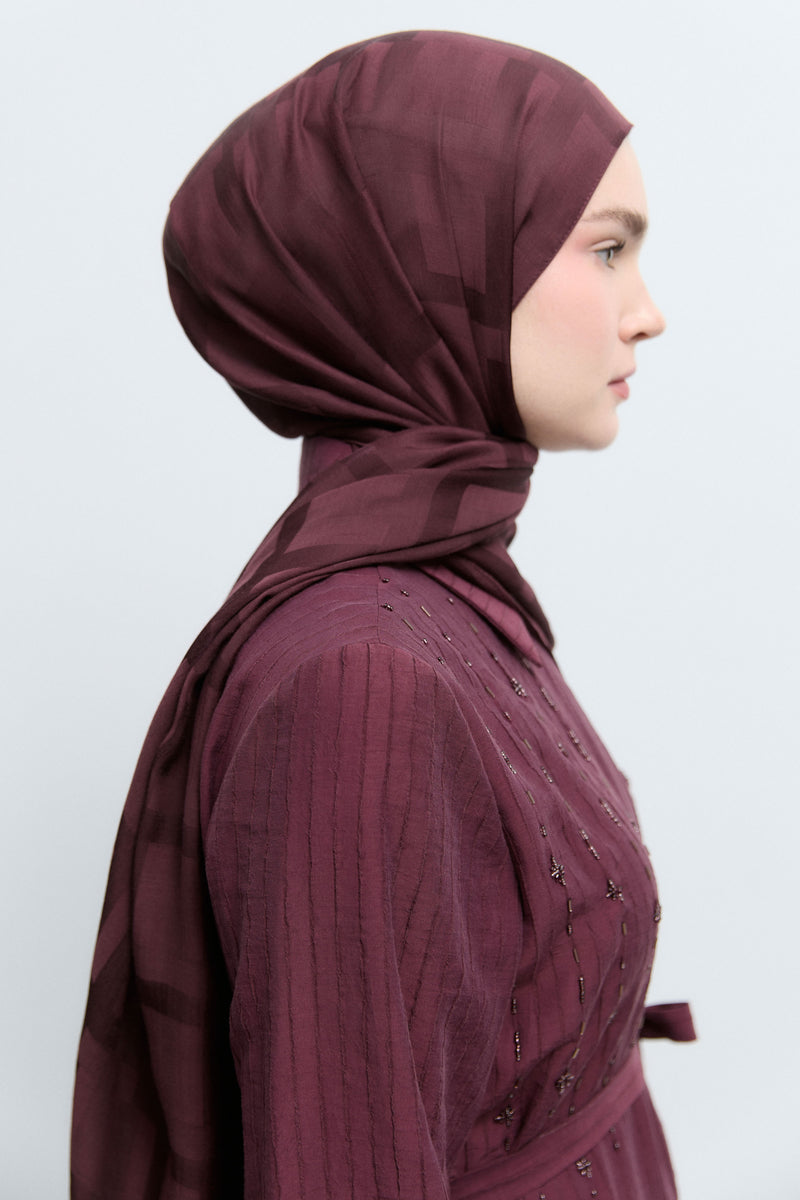 Monogram Floş Viskon Karışım Jakarlı Natural Şal - Mürdüm TUĞBA