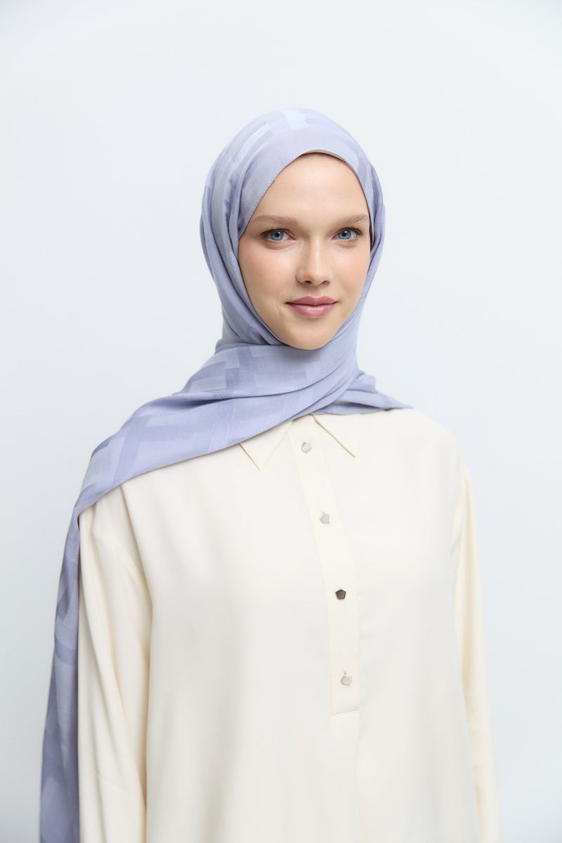 Monogram Floş Viskon Karışım Jakarlı Natural Şal - Lila TUĞBA