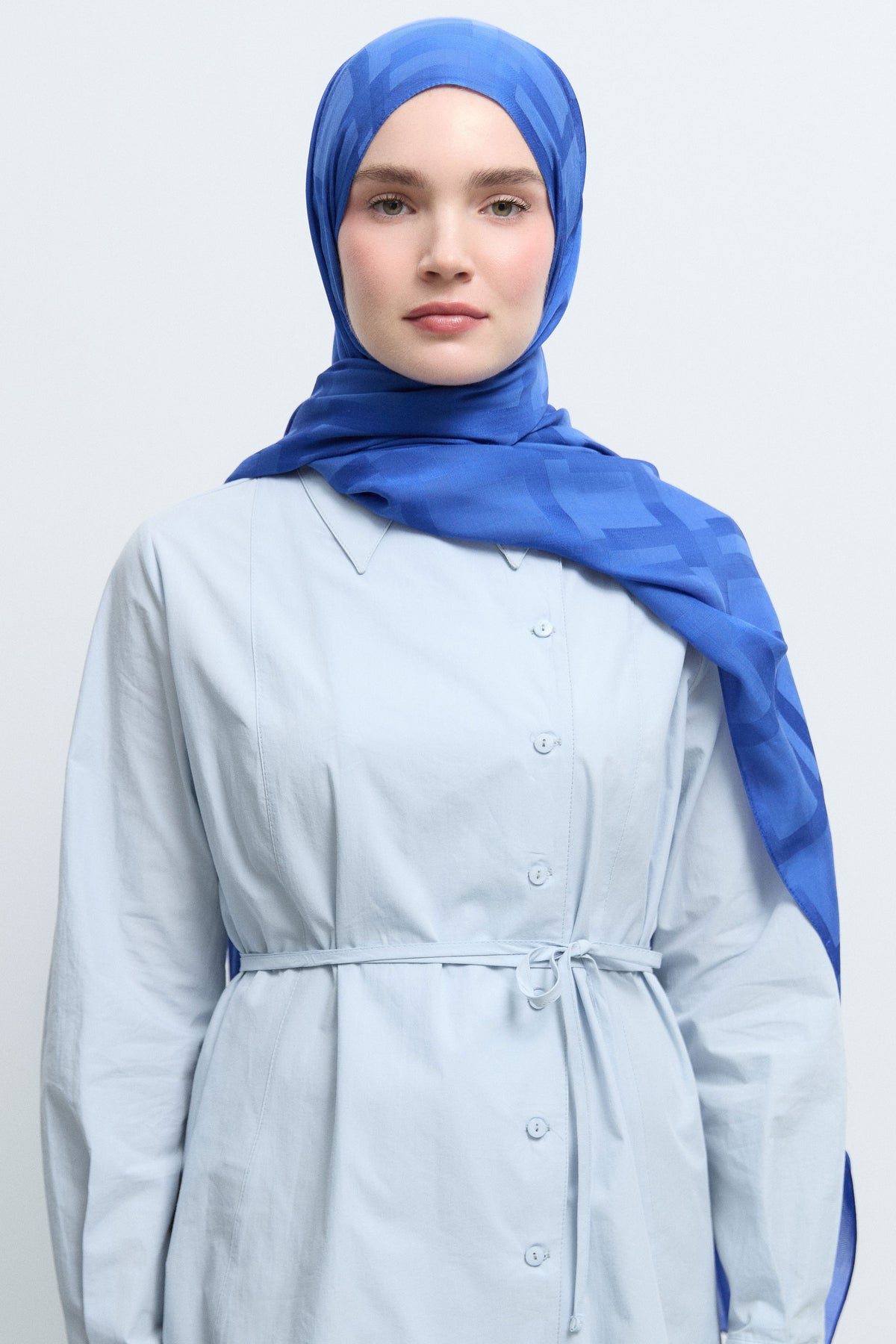 Monogram Floş Viskon Karışım Jakarlı Natural Şal - Saks