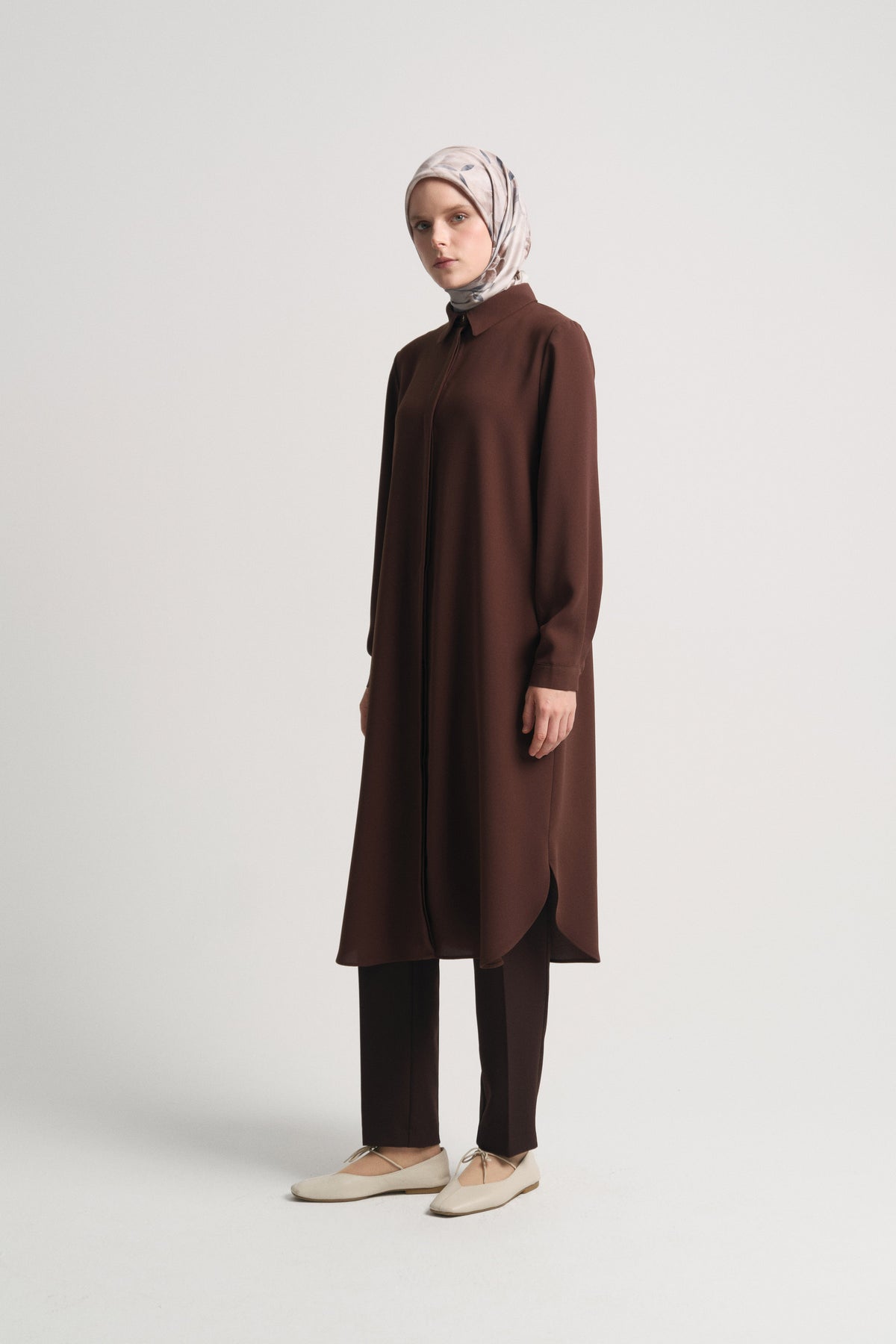 Dokuma Yanları Yırtmaçlı Tunik - Kahve