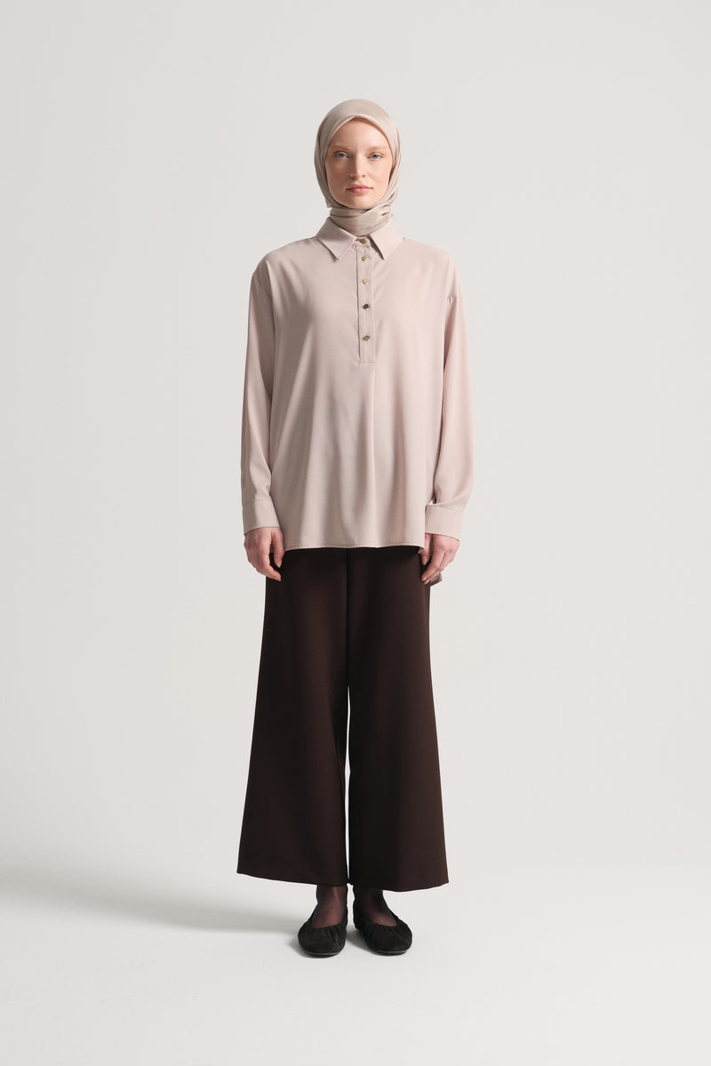 Woven Blouse with Side Slits - Beige