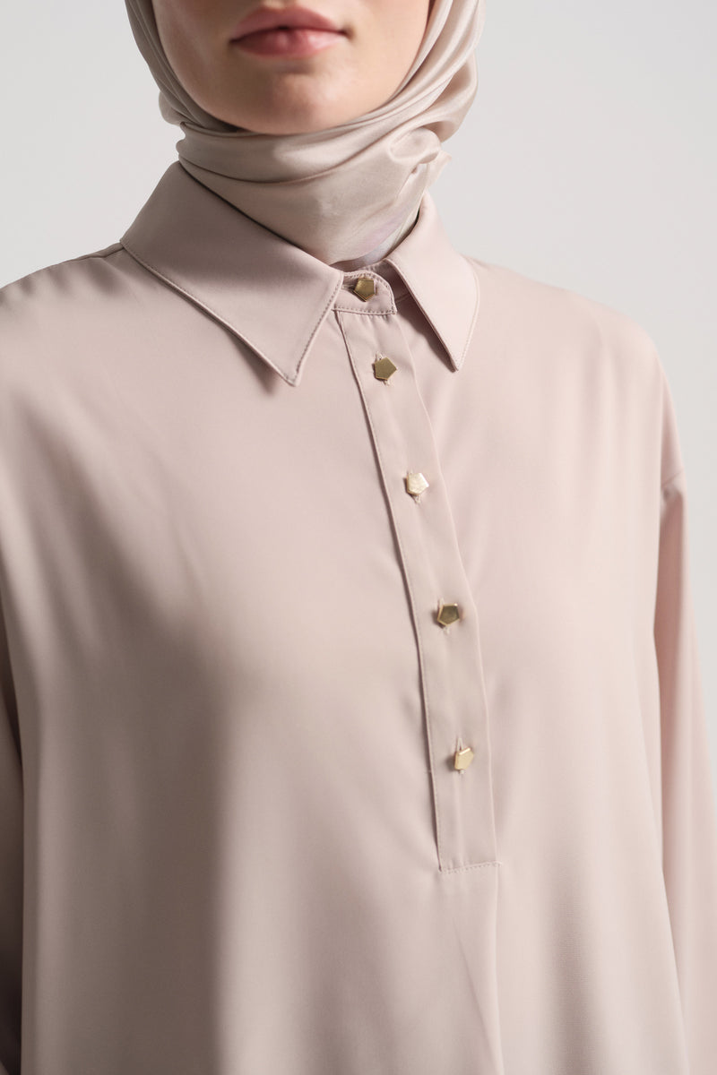 Woven Blouse with Side Slits - Beige