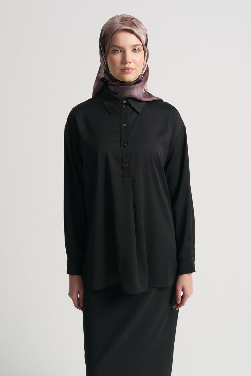 Woven Blouse with Side Slits - Black