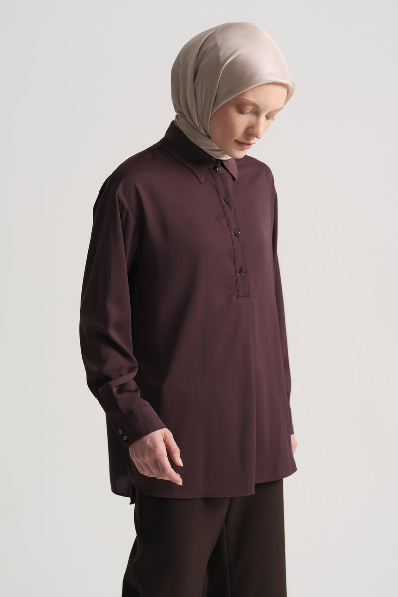 Woven Blouse with Side Slits - Plum
