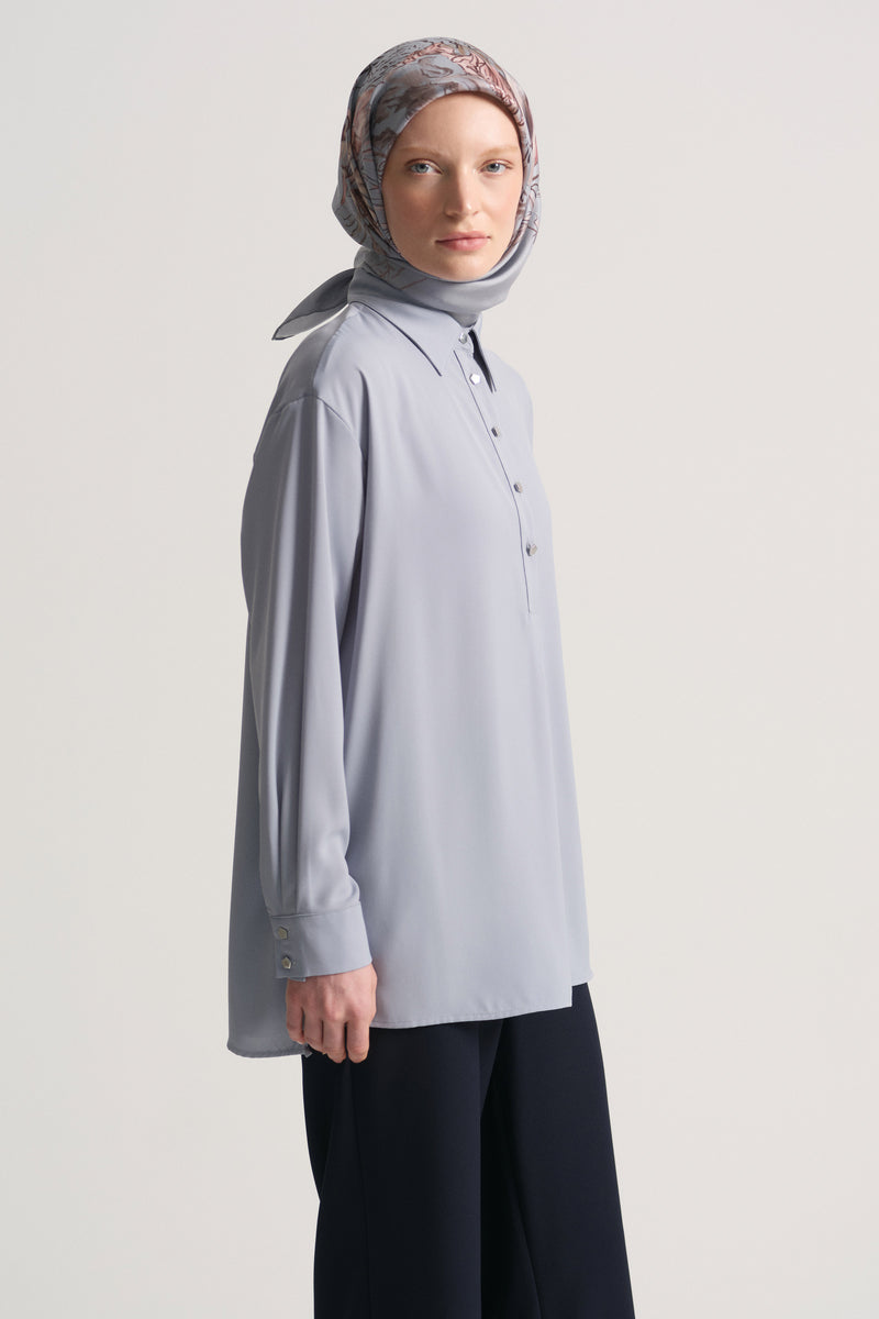 Woven Blouse with Side Slits - Blue