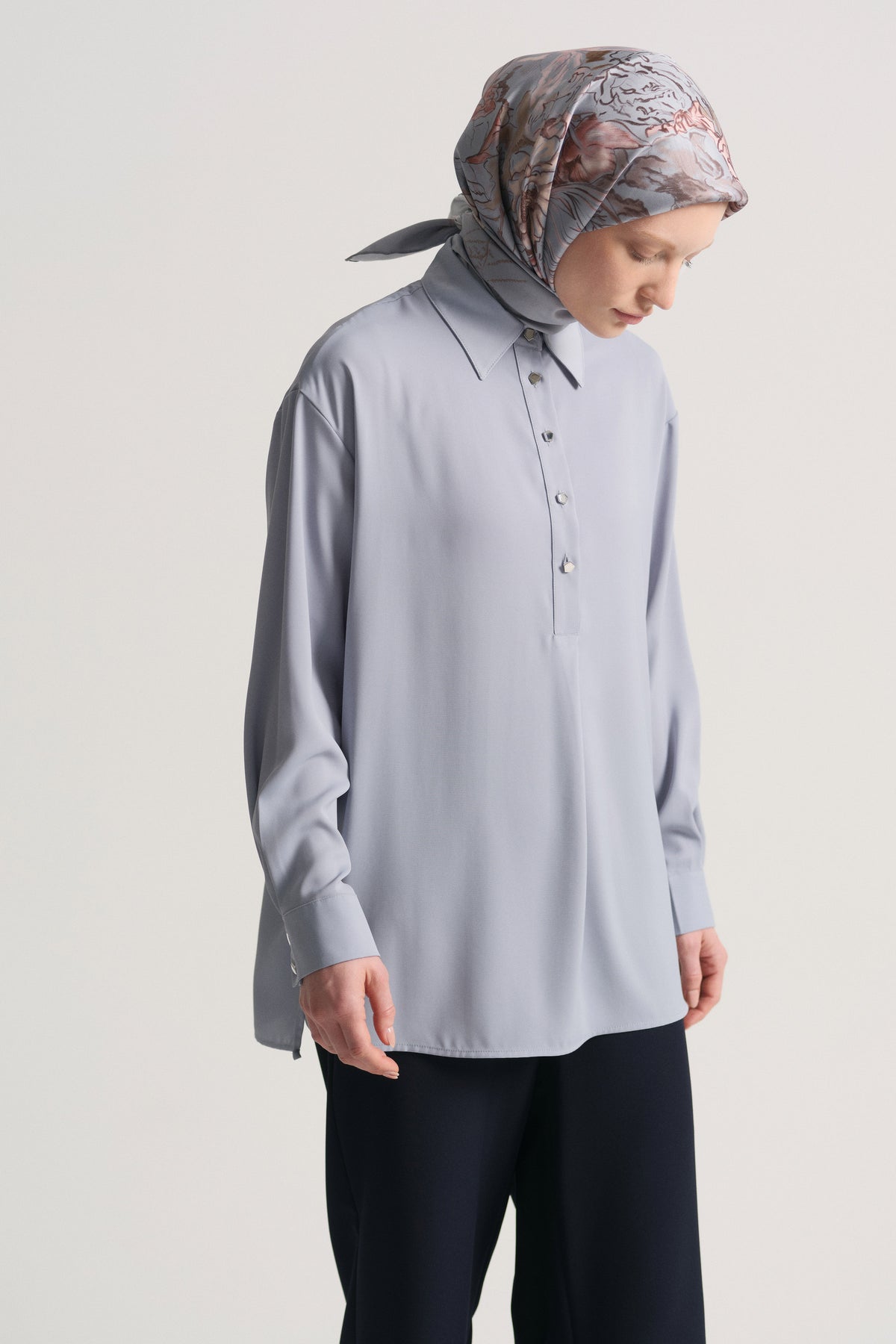 Woven Blouse with Side Slits - Blue