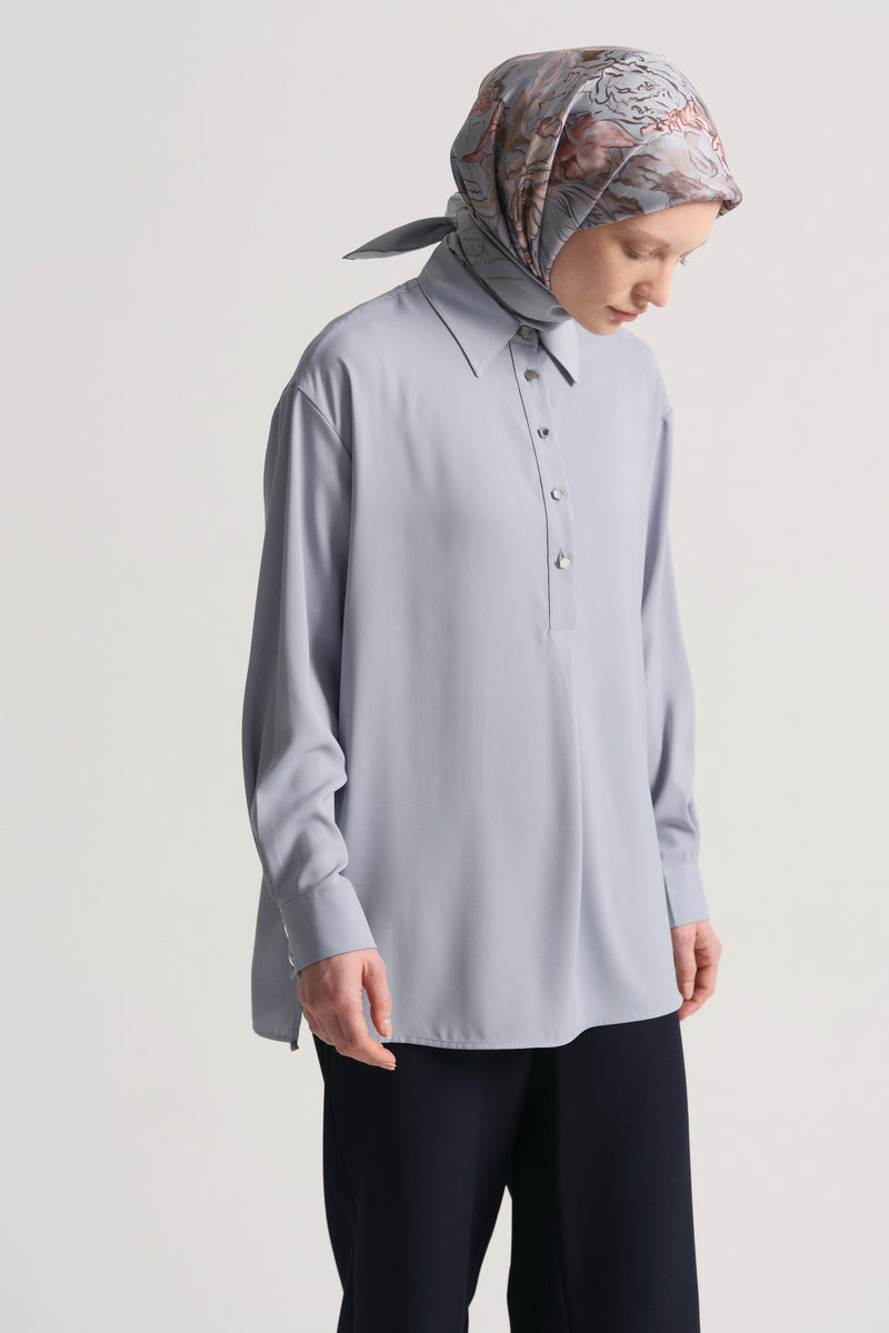 Woven Blouse with Side Slits - Blue