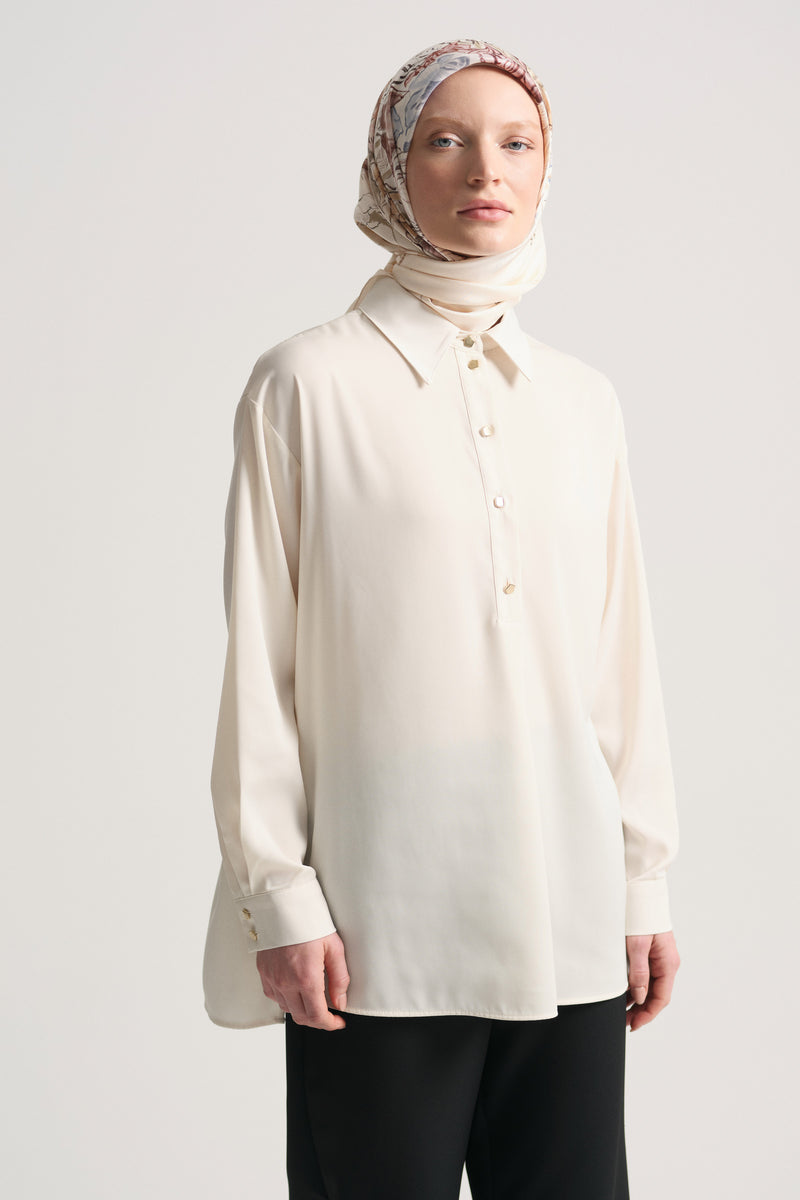 Woven Blouse with Side Slits - Ecru