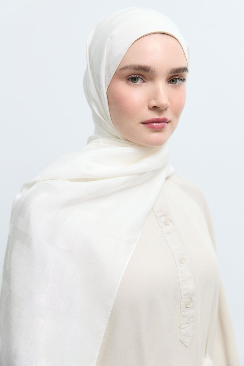 Monogram Lyocell Karışım Jakarlı Natural Şal - Beyaz TUĞBA