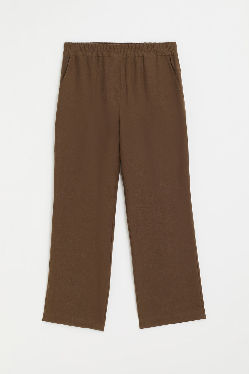 %100 Keten Yan Cepli Rahat Pantolon - Kahve