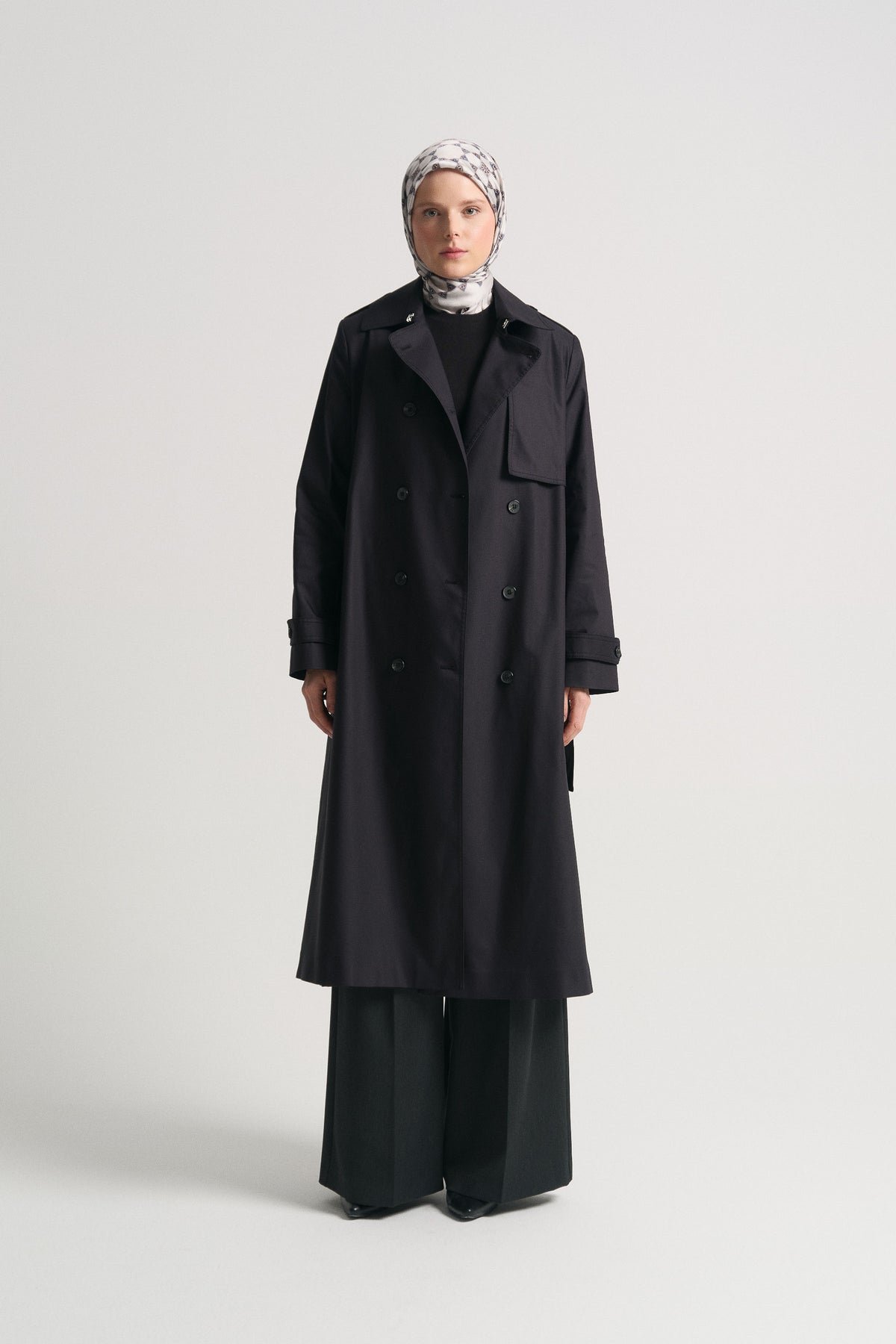 Trench Coat with Epaulettes and Woven Belt - Black