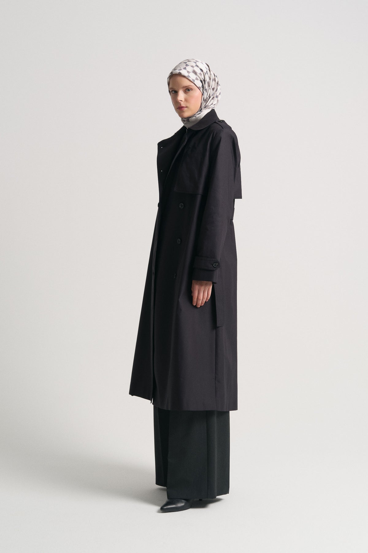 Trench Coat with Epaulettes and Woven Belt - Black