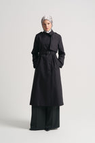 Trench Coat with Epaulettes and Woven Belt - Black