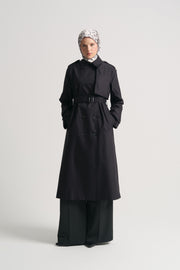Trench Coat with Epaulettes and Woven Belt - Black