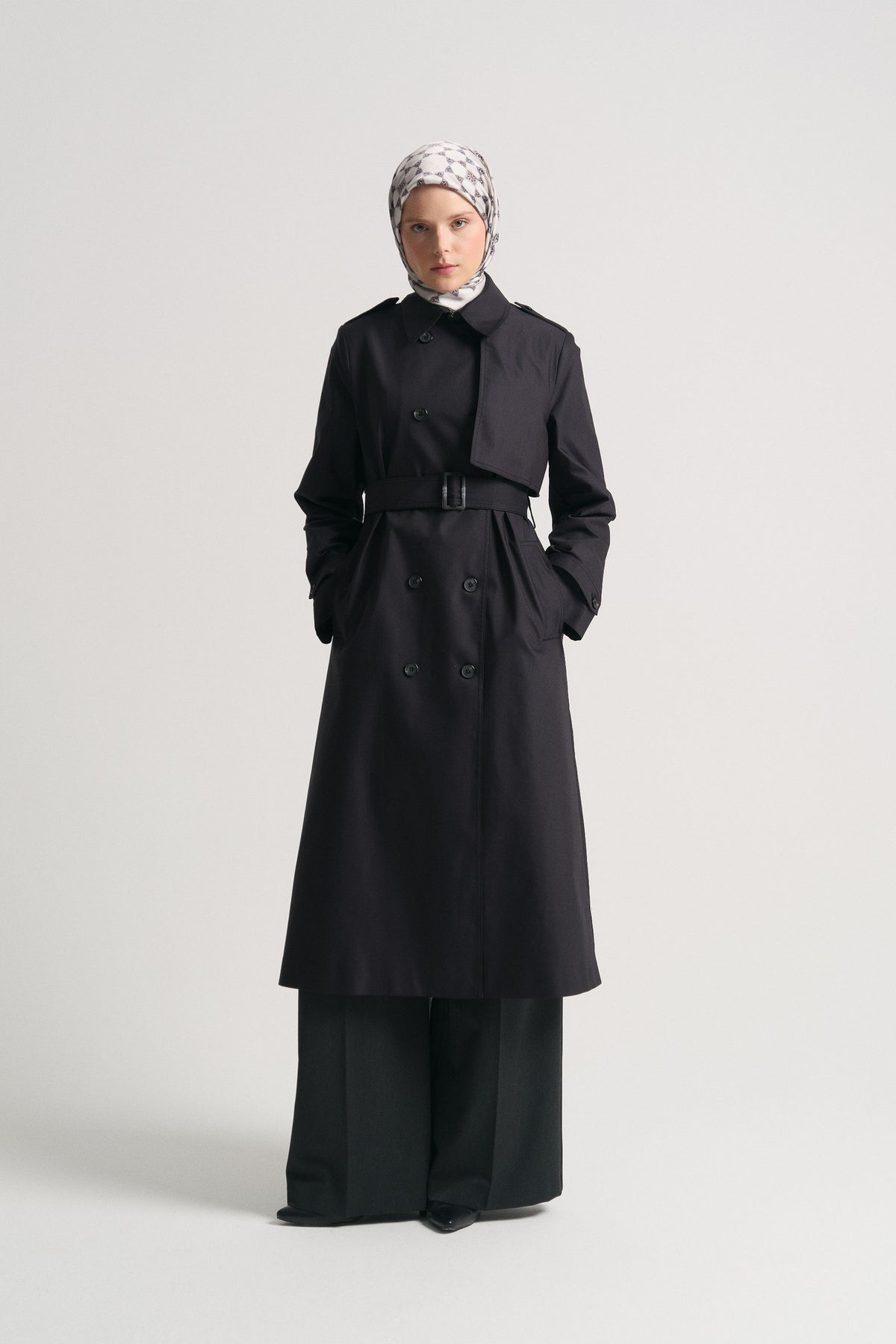 Trench Coat with Epaulettes and Woven Belt - Black