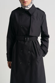 Trench Coat with Epaulettes and Woven Belt - Black