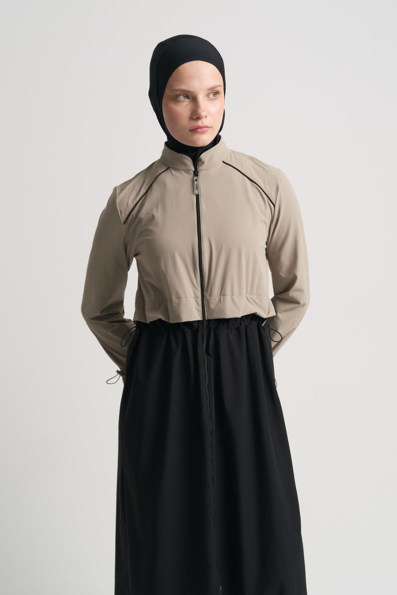 Dik Yaka Takma Kollu Mayo Tunik - Bej - Siyah