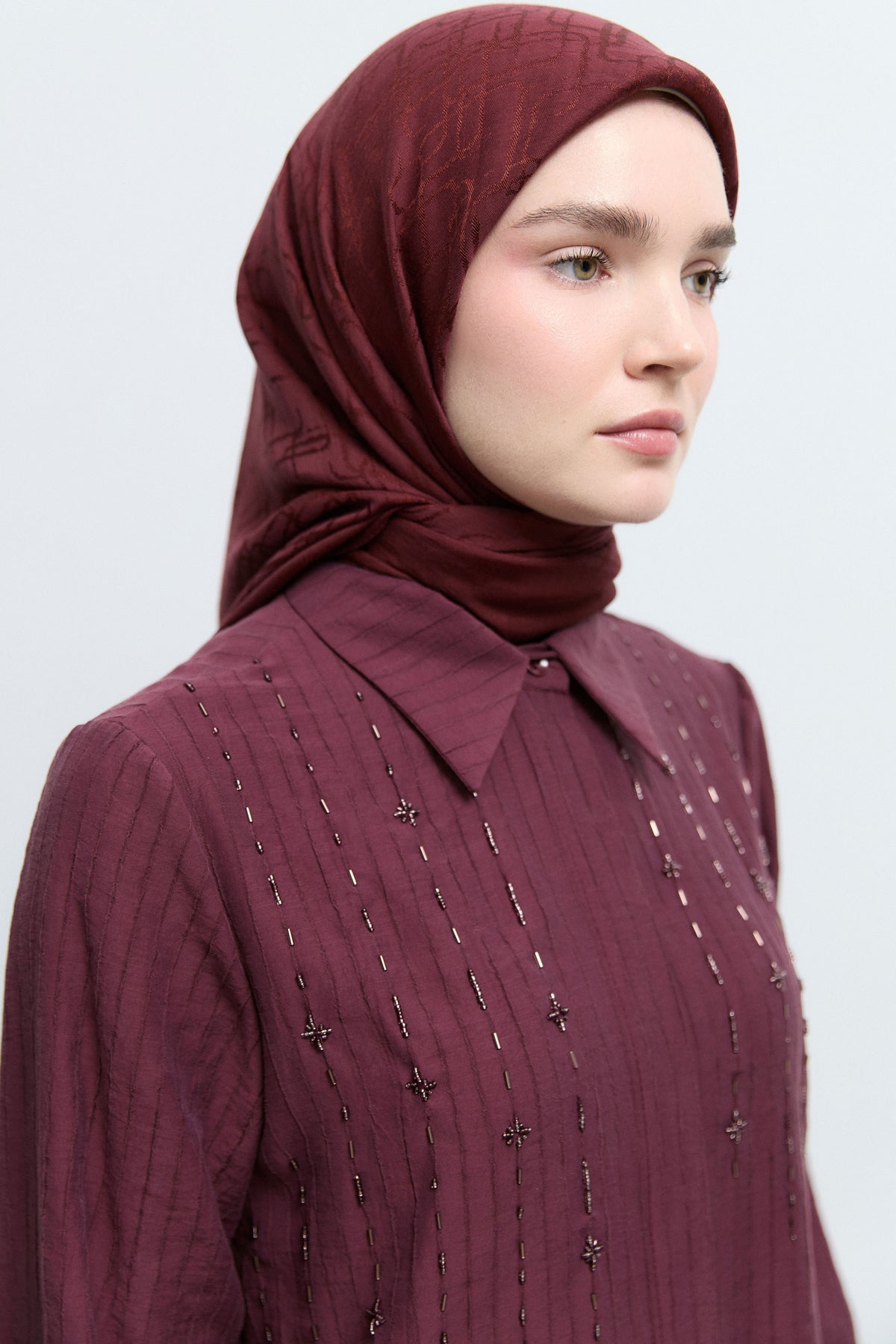 Monogram Lyocell Karışımlı Jakarlı Natural Eşarp - Bordo TUĞBA