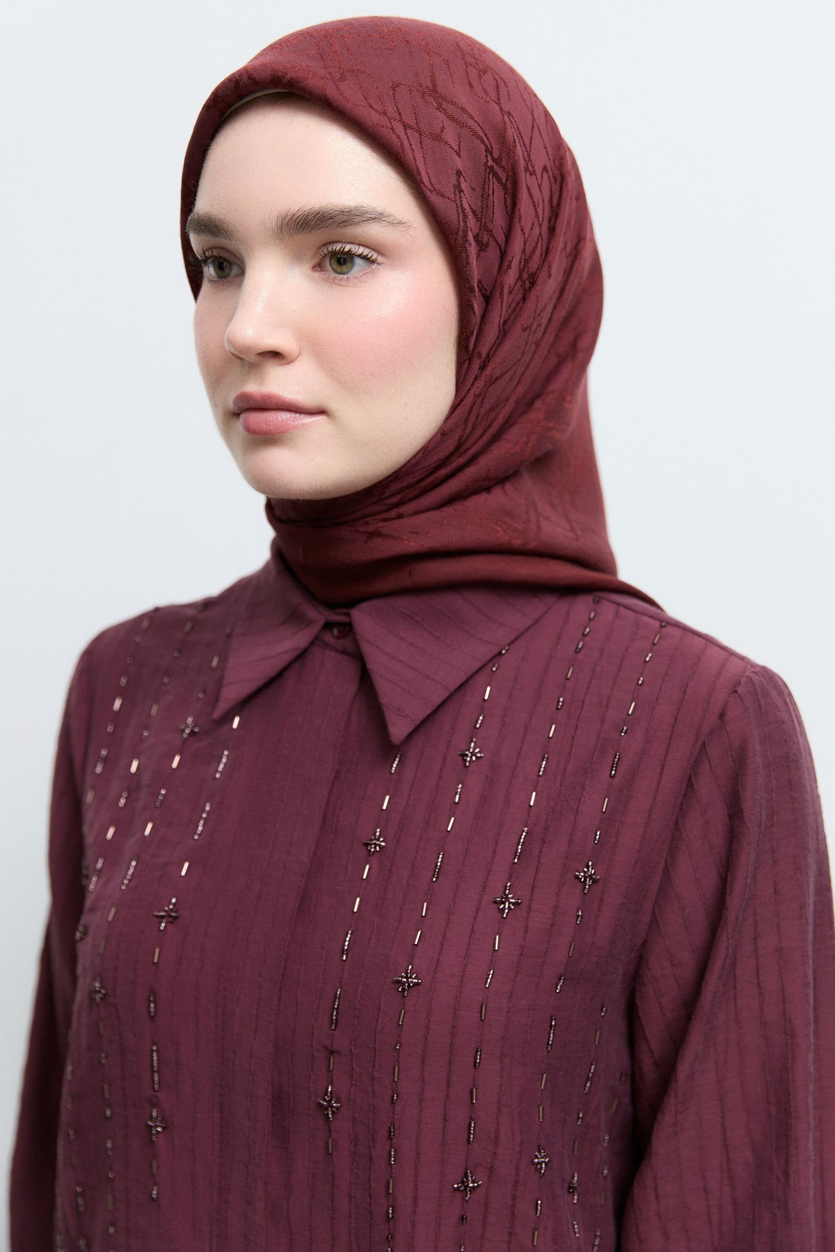 Monogram Lyocell Karışımlı Jakarlı Natural Eşarp - Bordo TUĞBA