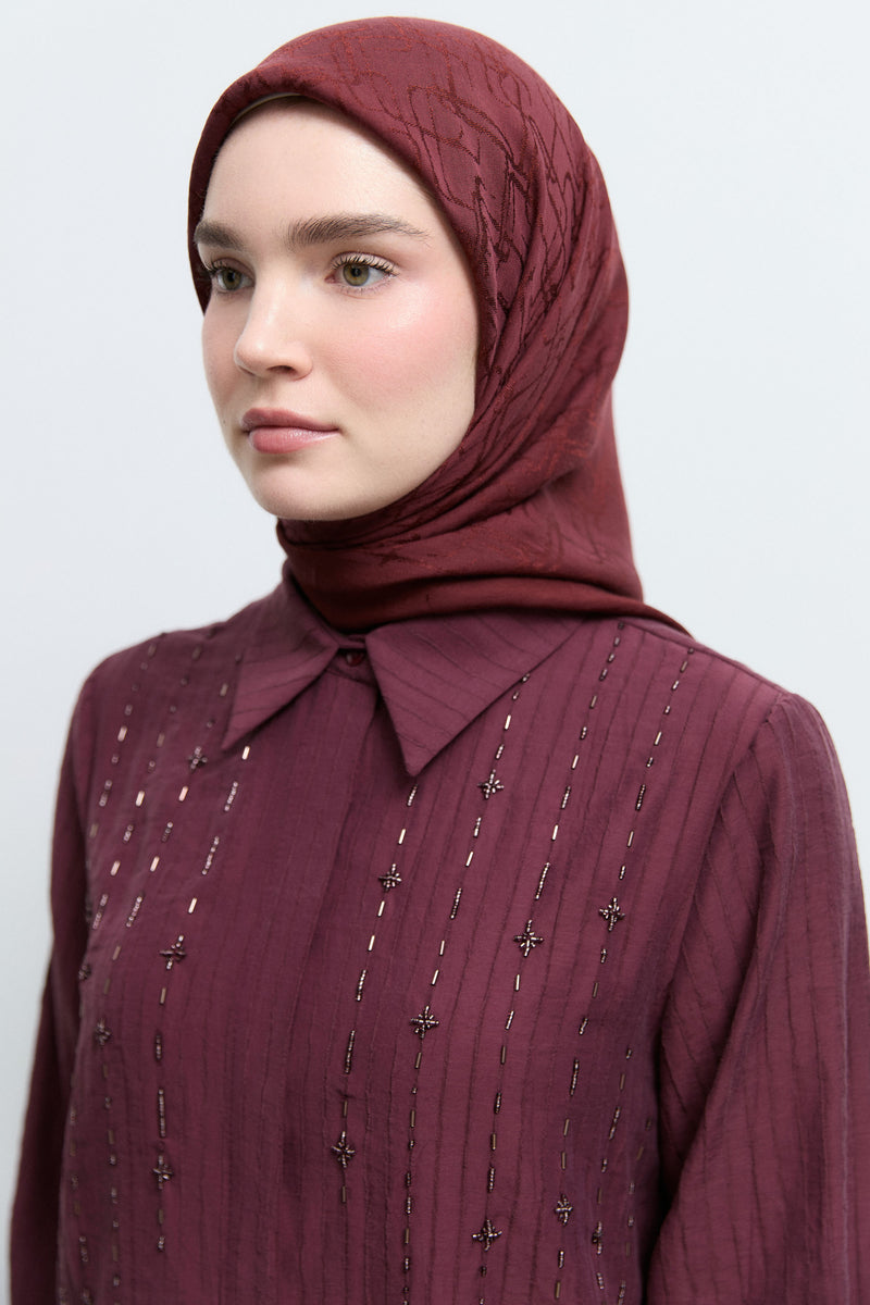 Monogram Lyocell Karışımlı Jakarlı Natural Eşarp - Bordo TUĞBA