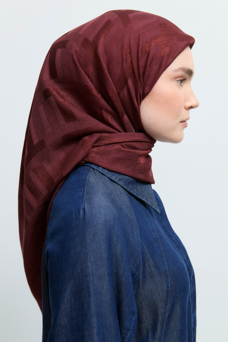 Monogram Lyocell Karışım Jakarlı Natural Eşarp - Bordo TUĞBA