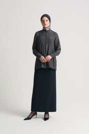 Rayon Blend Patterned Stand-Collar Blouse - Navy Blue