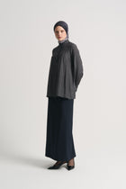 Rayon Blend Patterned Stand-Collar Blouse - Navy Blue