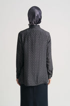 Rayon Blend Patterned Stand-Collar Blouse - Navy Blue
