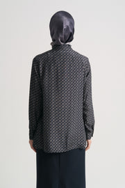 Rayon Blend Patterned Stand-Collar Blouse - Navy Blue