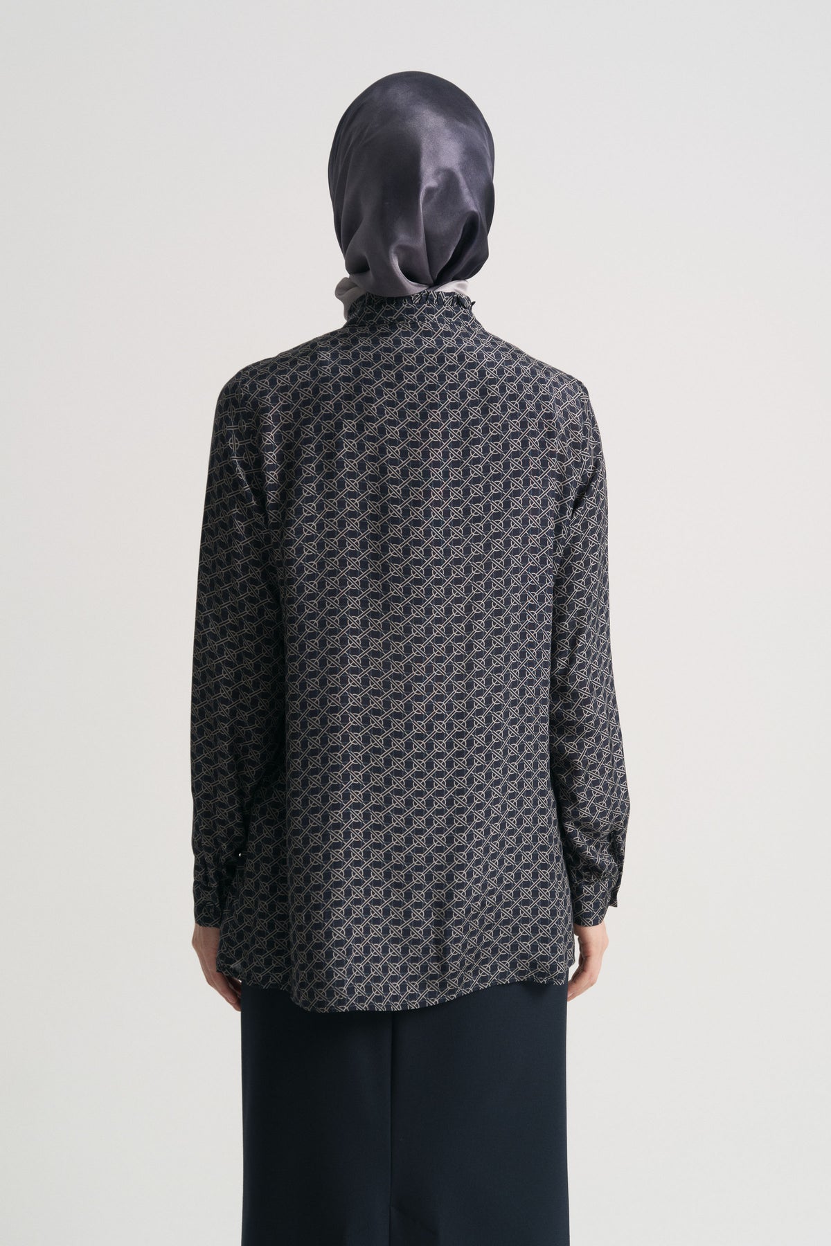 Rayon Blend Patterned Stand-Collar Blouse - Navy Blue