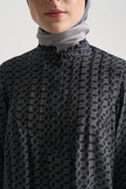 Rayon Blend Patterned Stand-Collar Blouse - Navy Blue