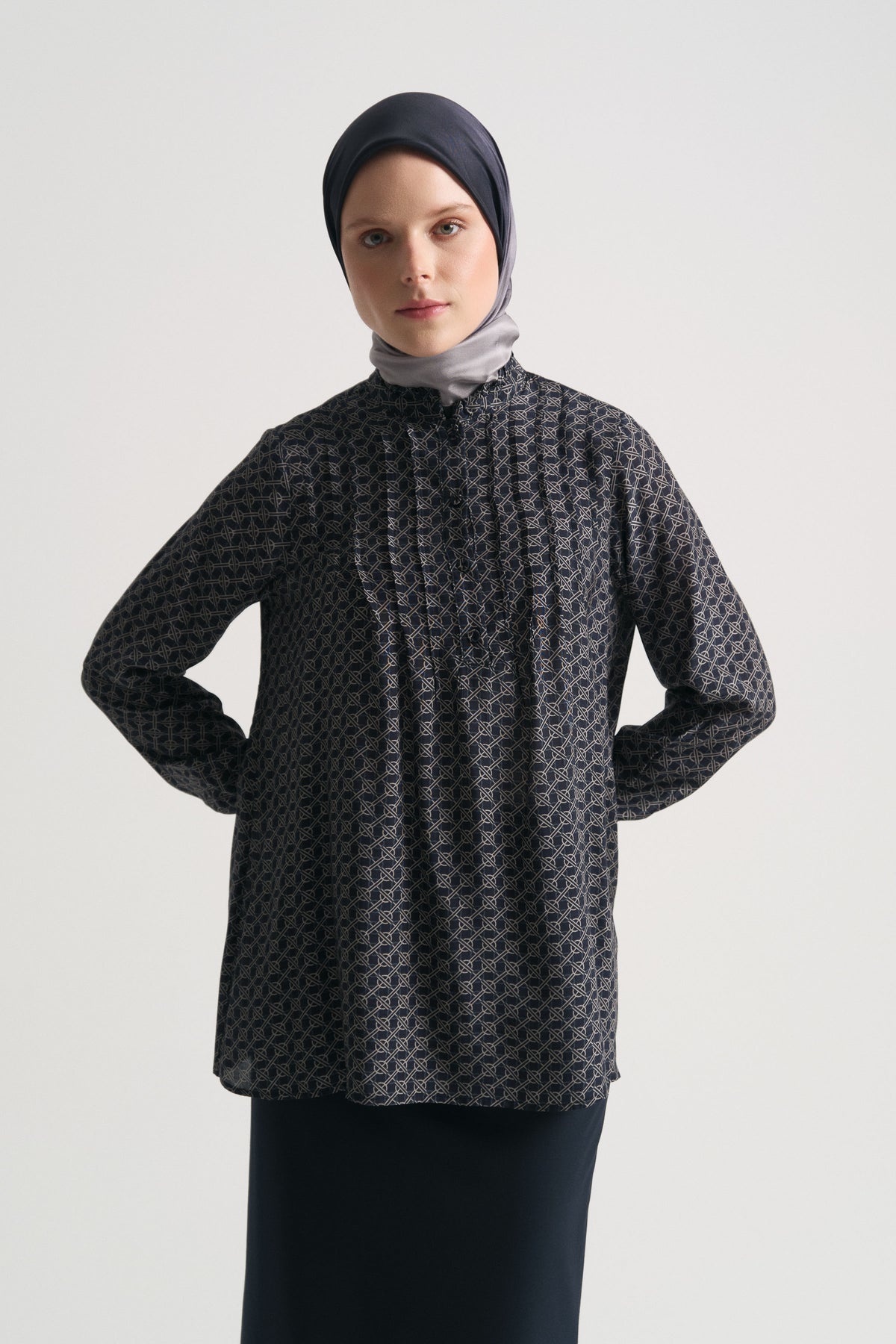 Rayon Blend Patterned Stand-Collar Blouse - Navy Blue