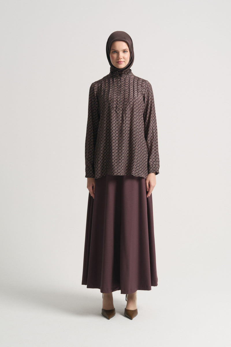 Rayon Blend Patterned Stand-Collar Blouse - Plum