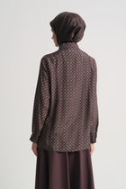 Rayon Blend Patterned Stand-Collar Blouse - Plum