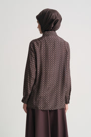 Rayon Blend Patterned Stand-Collar Blouse - Plum