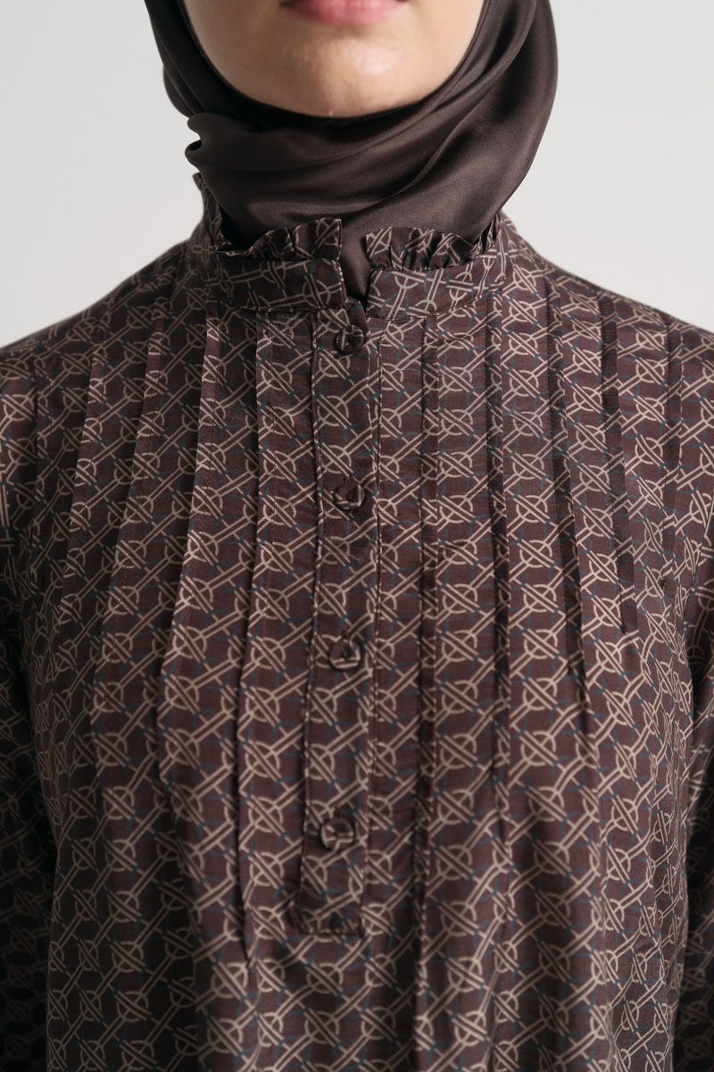 Rayon Blend Patterned Stand-Collar Blouse - Plum