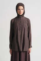 Rayon Blend Patterned Stand-Collar Blouse - Plum