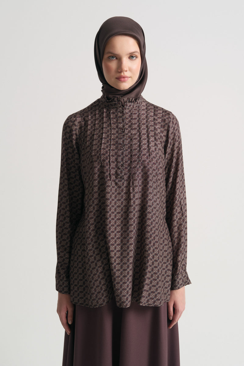 Rayon Blend Patterned Stand-Collar Blouse - Plum