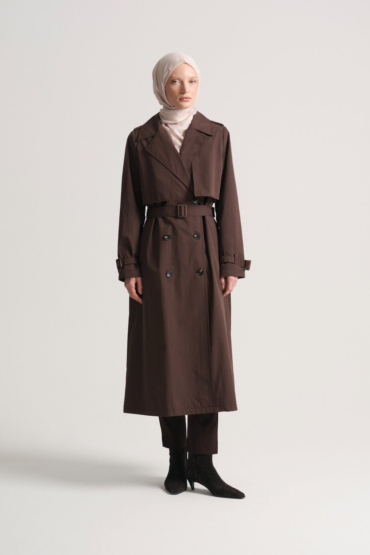 Cotton Blend Double-Breasted Trench Coat - Brown