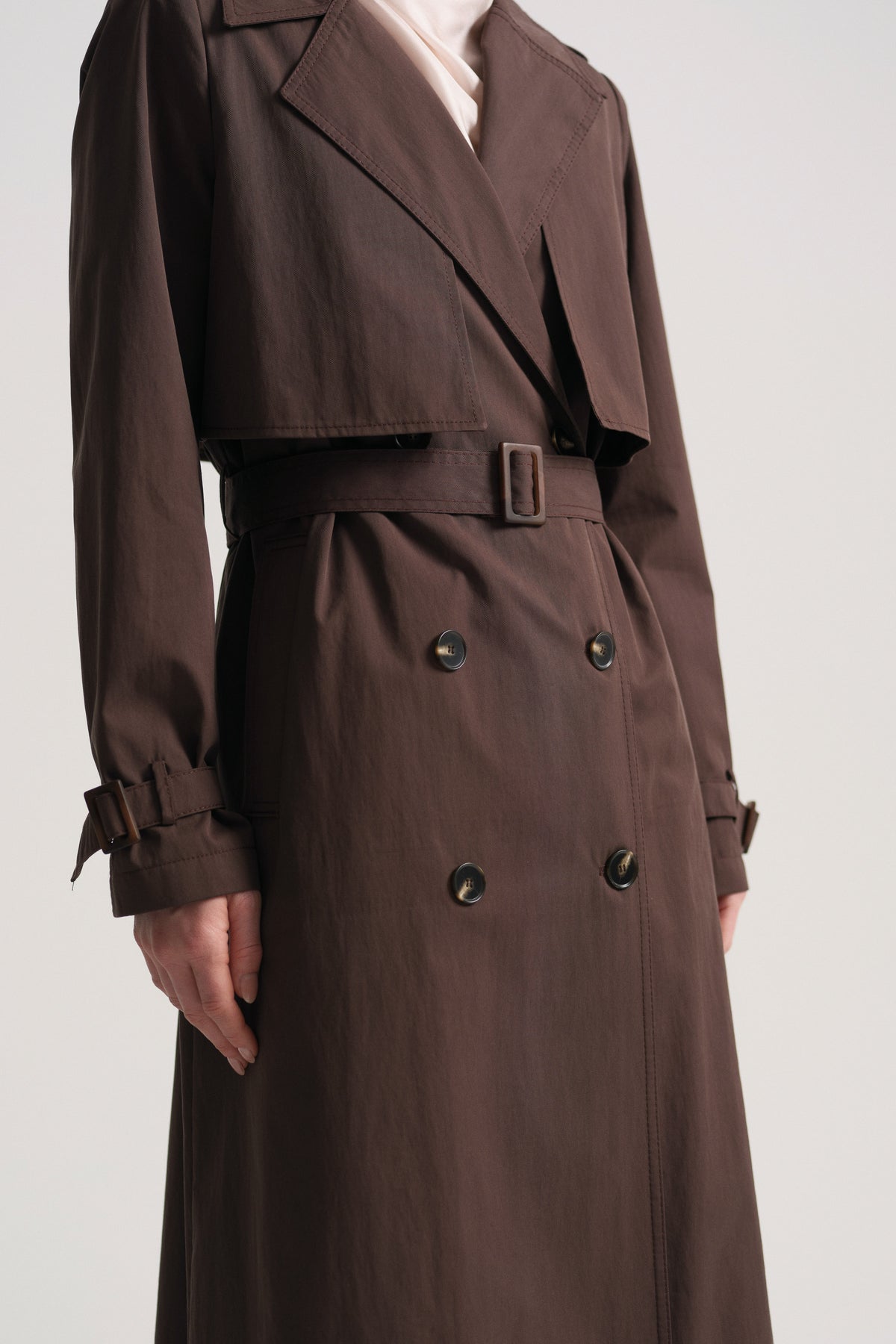 Cotton Blend Double-Breasted Trench Coat - Brown